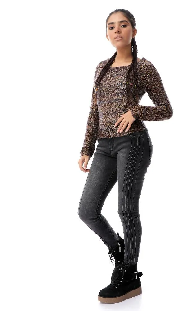 56057 Multicolour Crew Neck Colorful Chunky Pullover