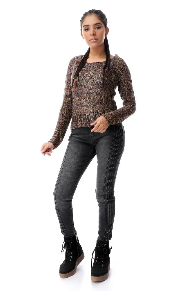 56057 Multicolour Crew Neck Colorful Chunky Pullover