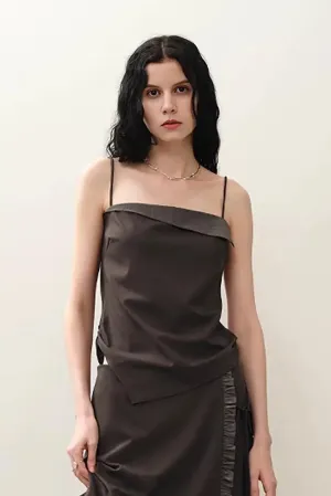 Asymmetric Spaghetti Strap Tank Top with Cinched Waist