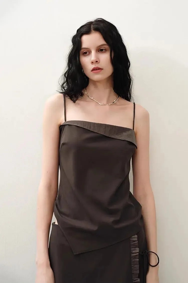 Asymmetric Spaghetti Strap Tank Top with Cinched Waist
