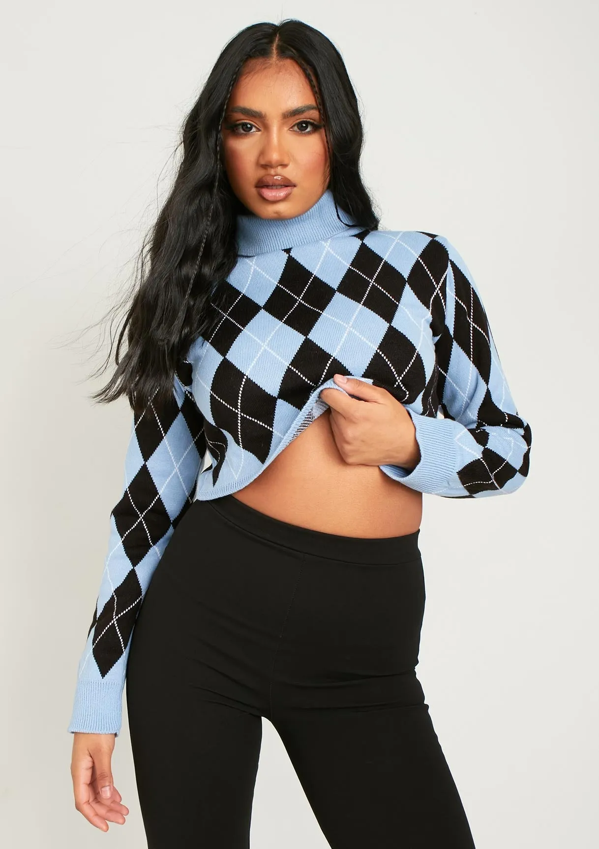 Bella Blue Knitted High Neck Jacquard Cropped Jumper