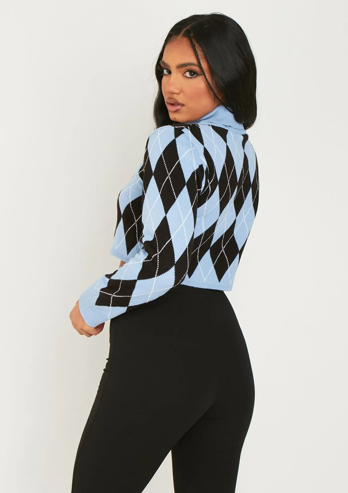 Bella Blue Knitted High Neck Jacquard Cropped Jumper