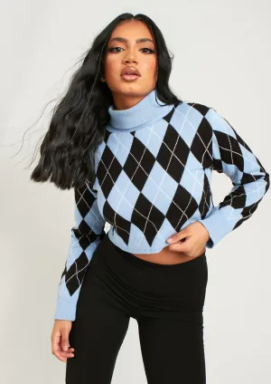 Bella Blue Knitted High Neck Jacquard Cropped Jumper