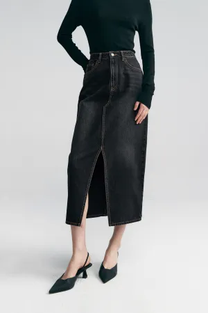 Black Denim Maxi Skirt With Front Slit