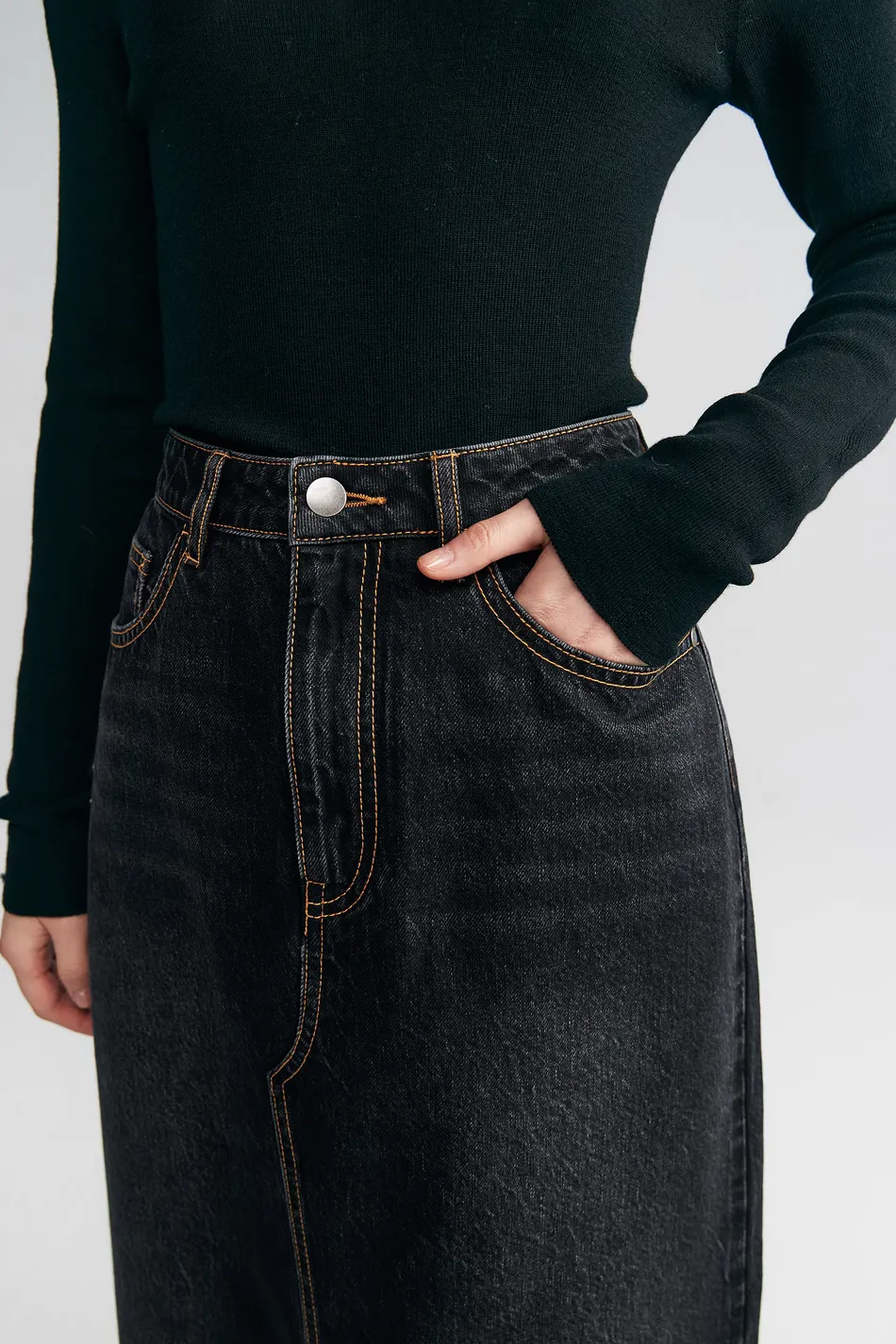Black Denim Maxi Skirt With Front Slit