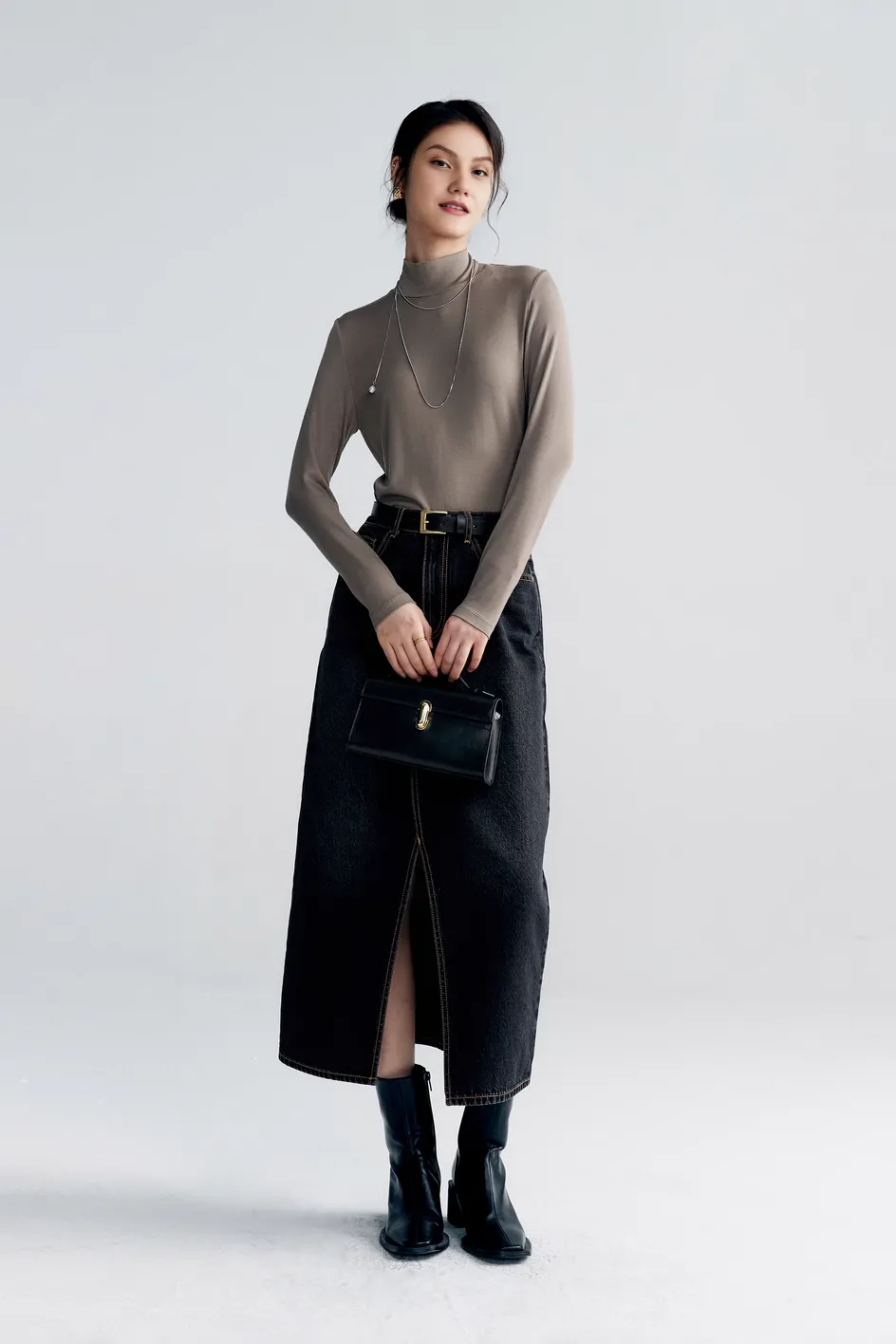 Black Denim Maxi Skirt With Front Slit