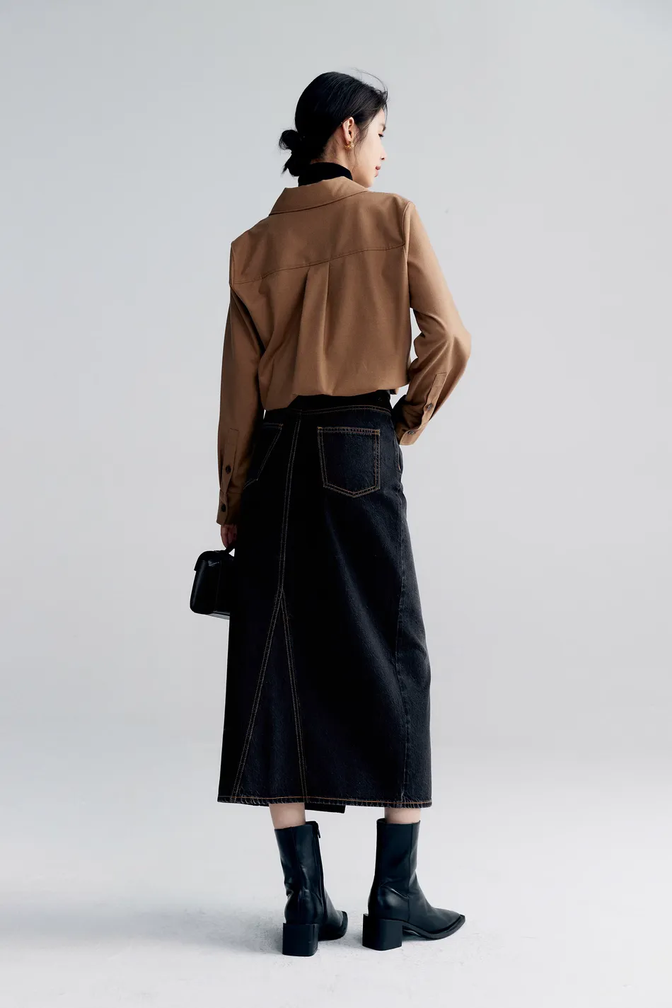 Black Denim Maxi Skirt With Front Slit