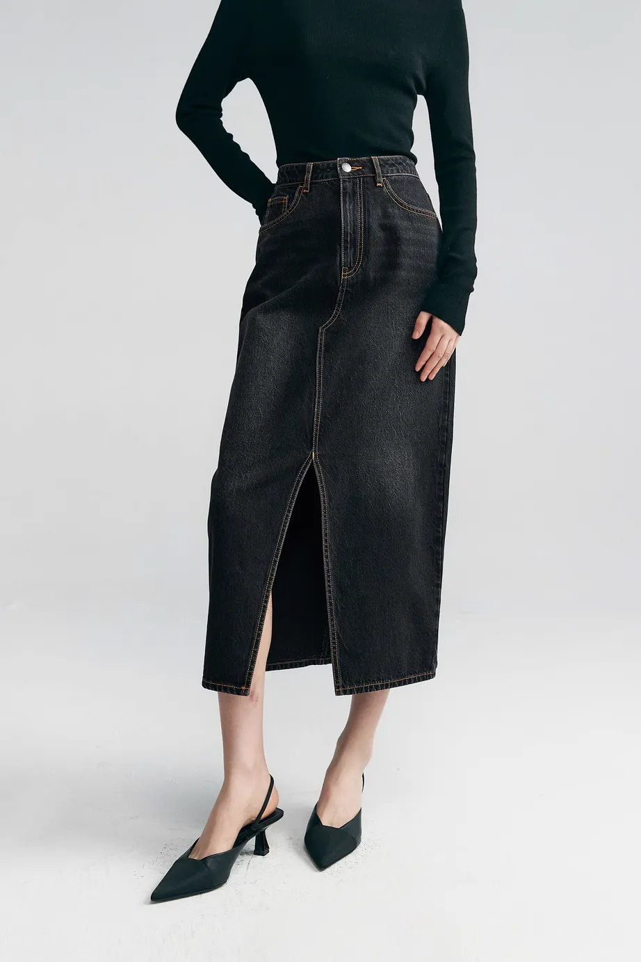 Black Denim Maxi Skirt With Front Slit