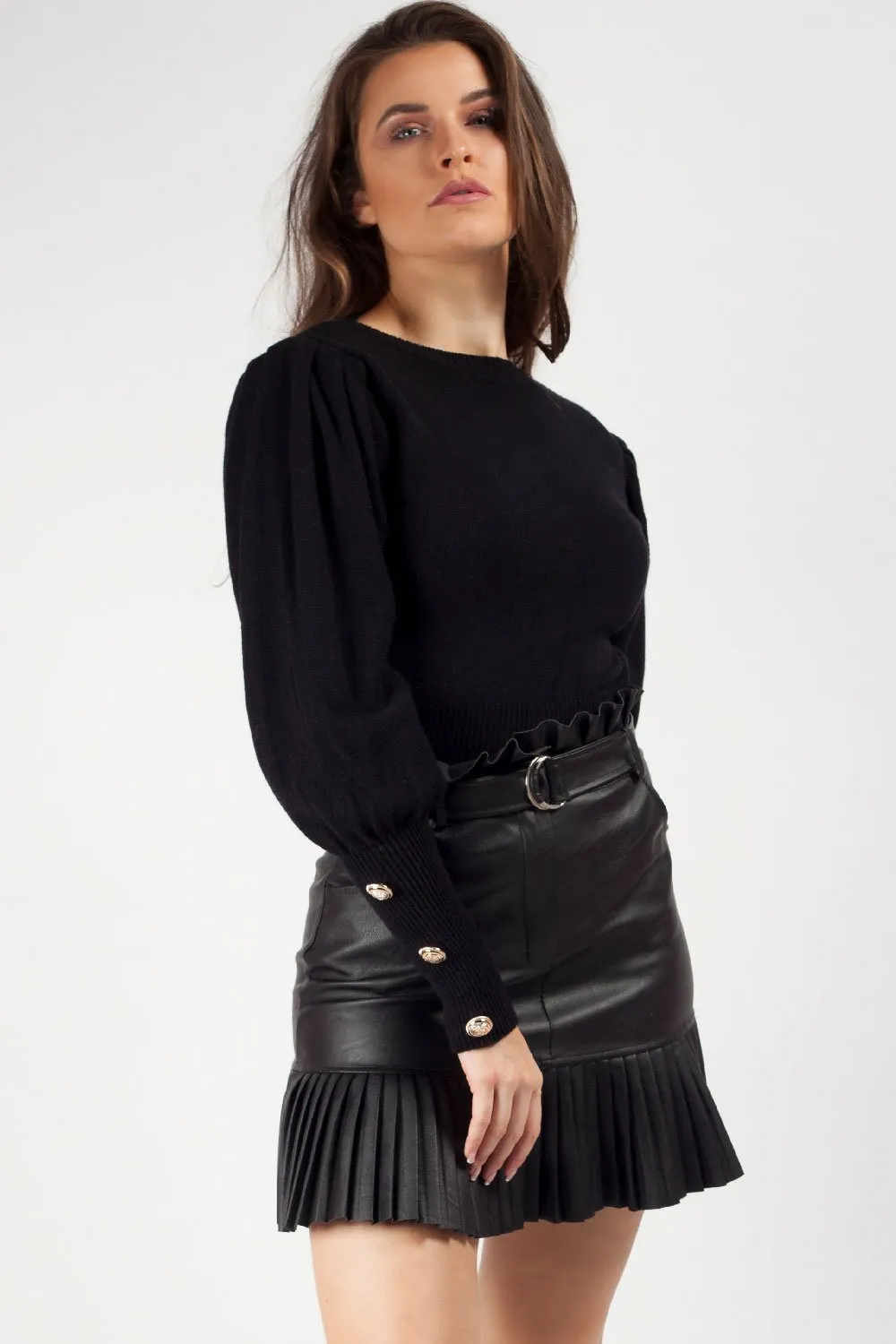 Black Puff Sleeve Jumper With Gold Button Detail