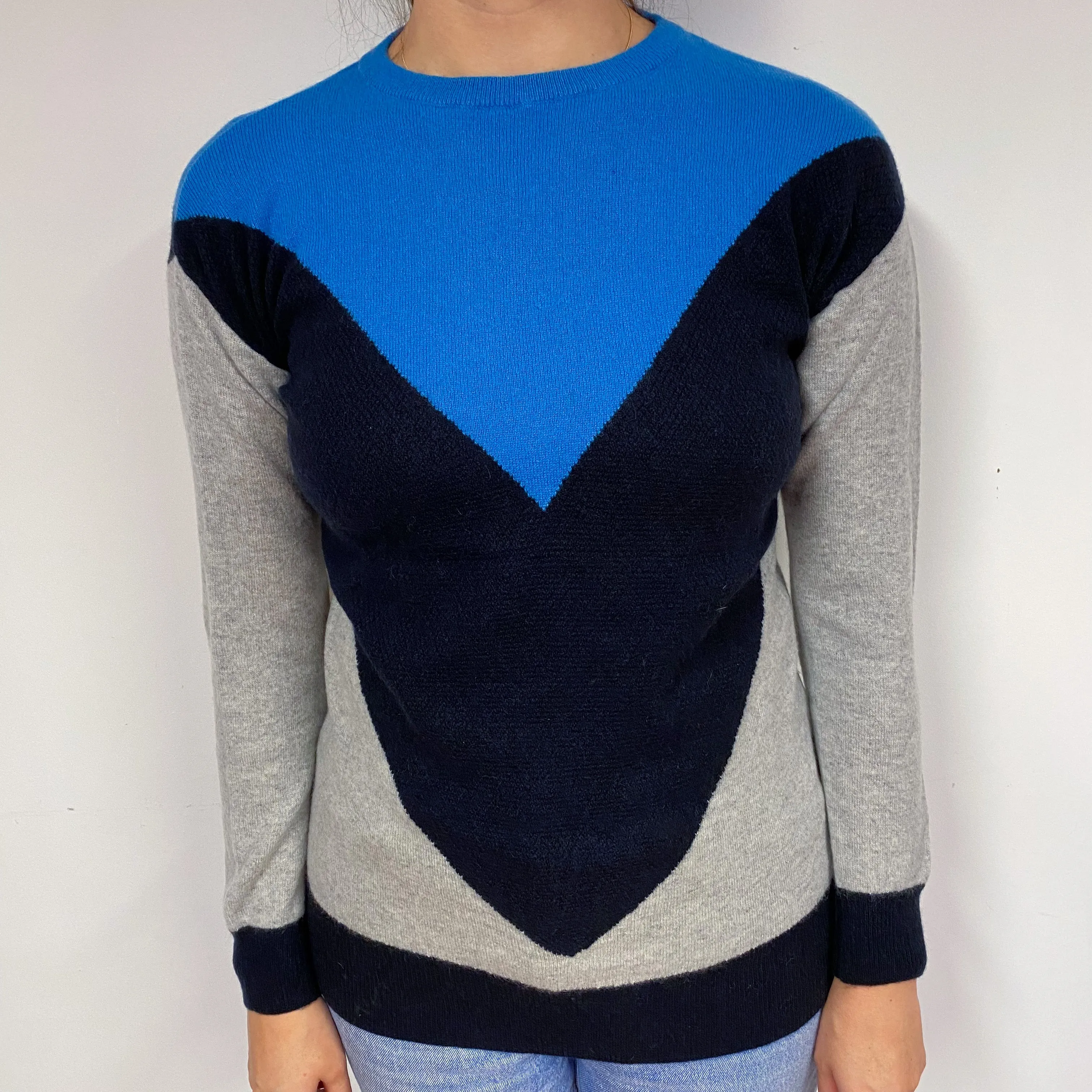 Blue and Grey Cashmere Crew Neck Jumper Small