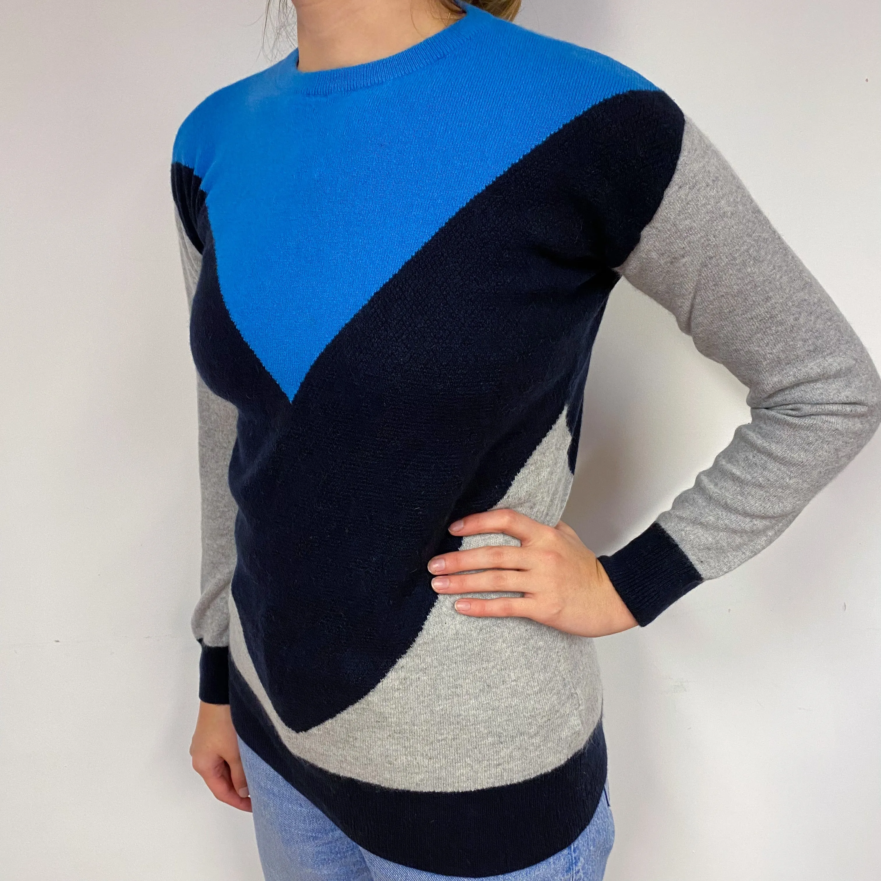 Blue and Grey Cashmere Crew Neck Jumper Small