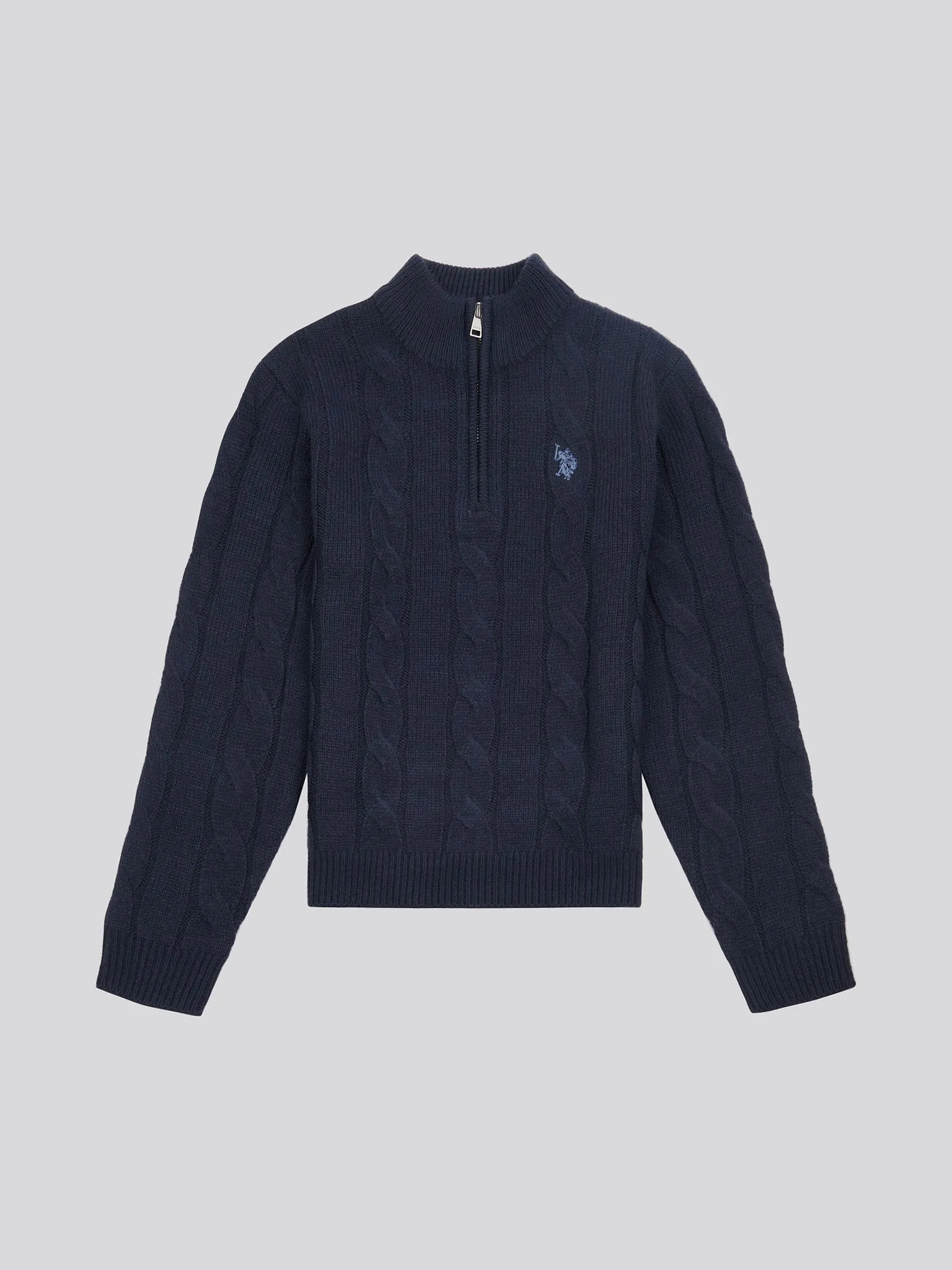 Boys Cable Knit Funnel Neck Jumper in Dark Sapphire Navy / Moonlight Blue DHM