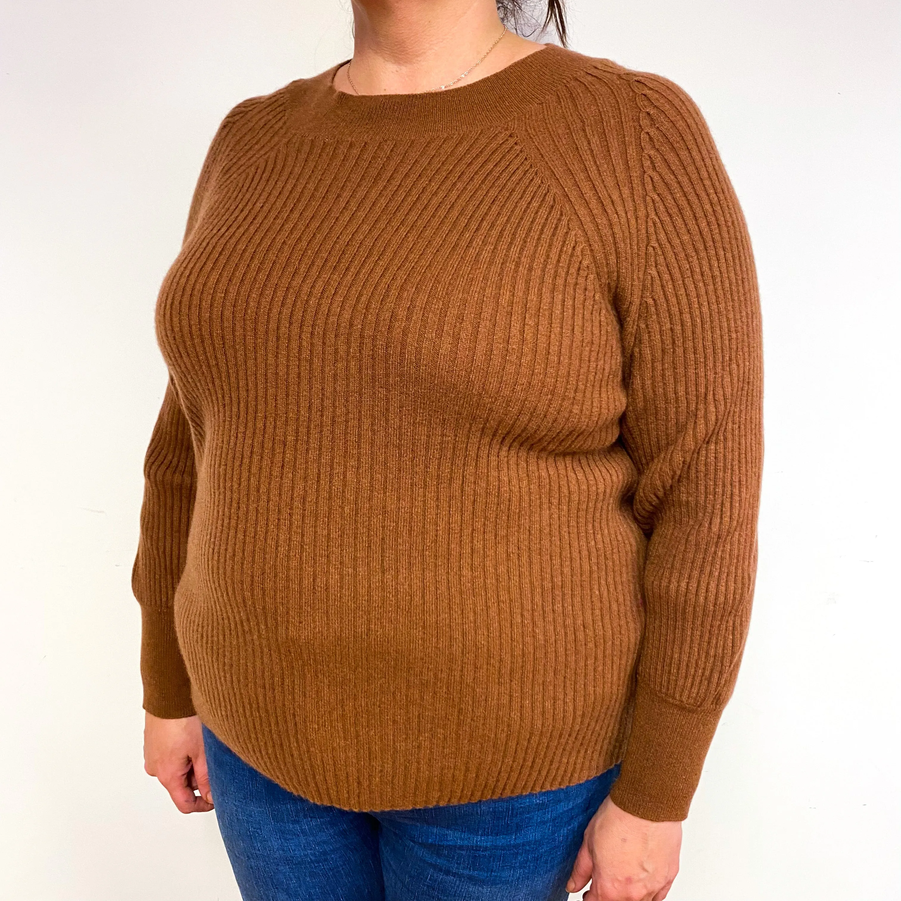 Chestnut Brown Ribbed Cashmere Crew Neck Jumper Extra Large