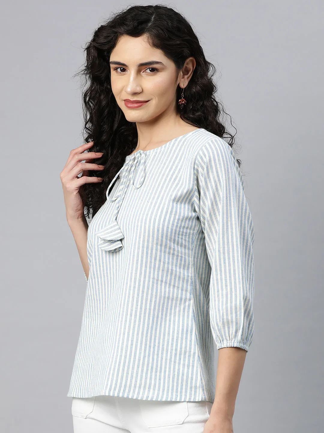 Cottinfab Women Striped Tie-Up Neck Puff Sleeve Top