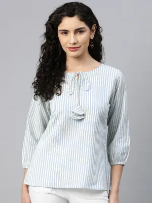 Cottinfab Women Striped Tie-Up Neck Puff Sleeve Top