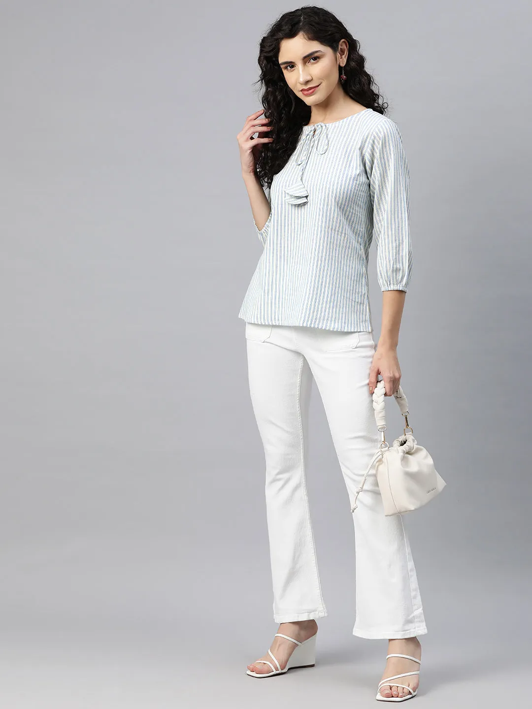 Cottinfab Women Striped Tie-Up Neck Puff Sleeve Top