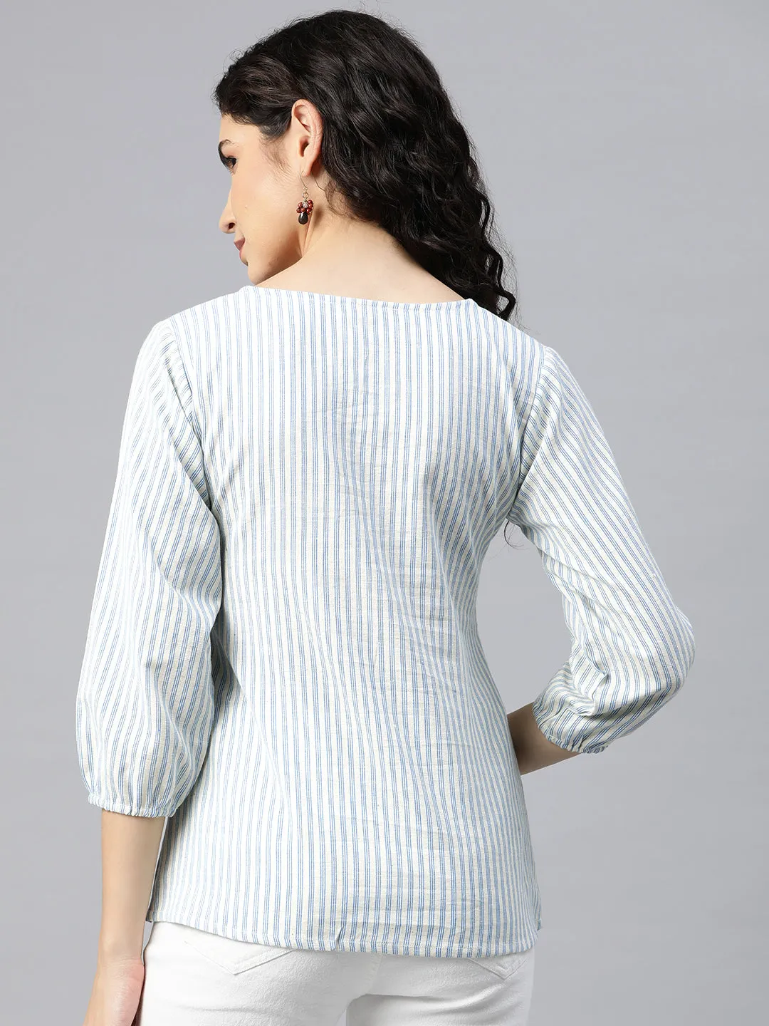 Cottinfab Women Striped Tie-Up Neck Puff Sleeve Top