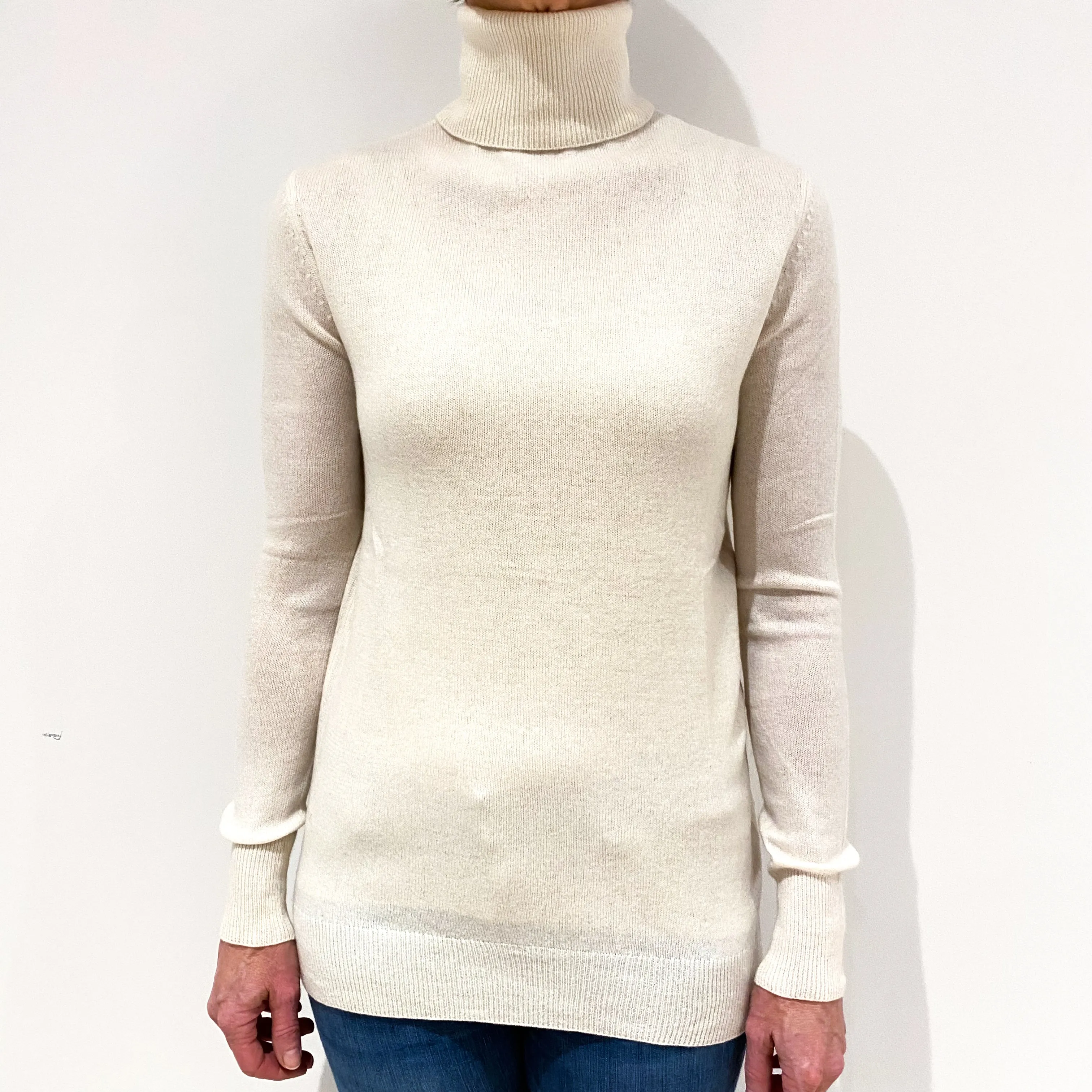 Cream Lightweight Cashmere Polo Neck Jumper Small