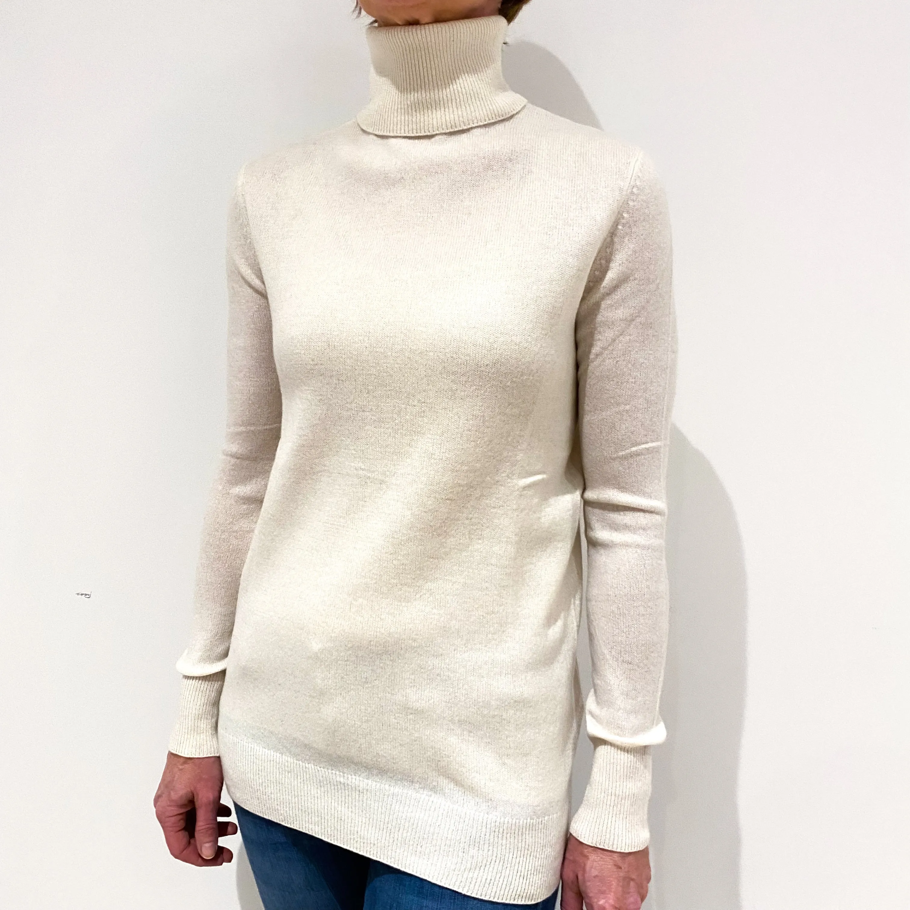 Cream Lightweight Cashmere Polo Neck Jumper Small