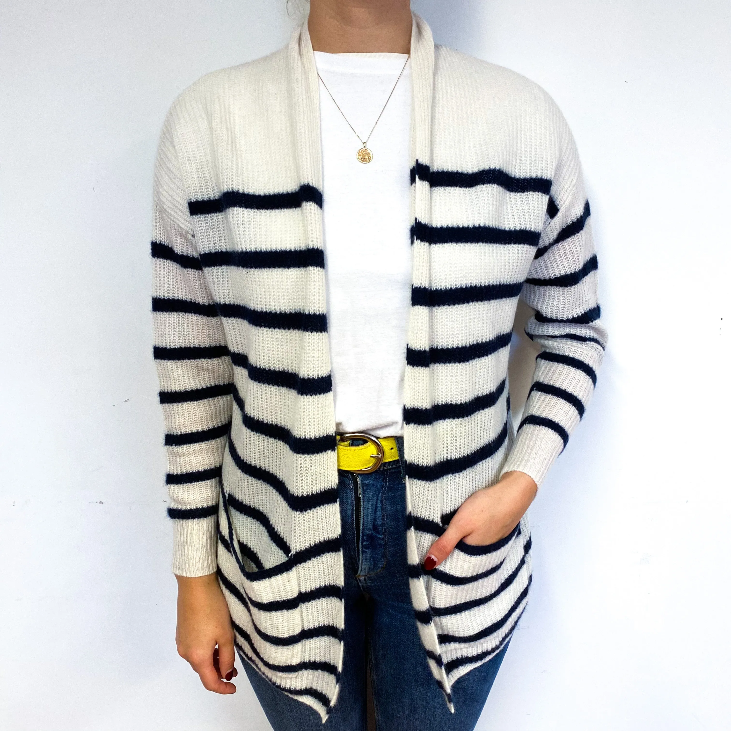 Cream Navy Striped Cashmere Edge to Edge Cardigan Small