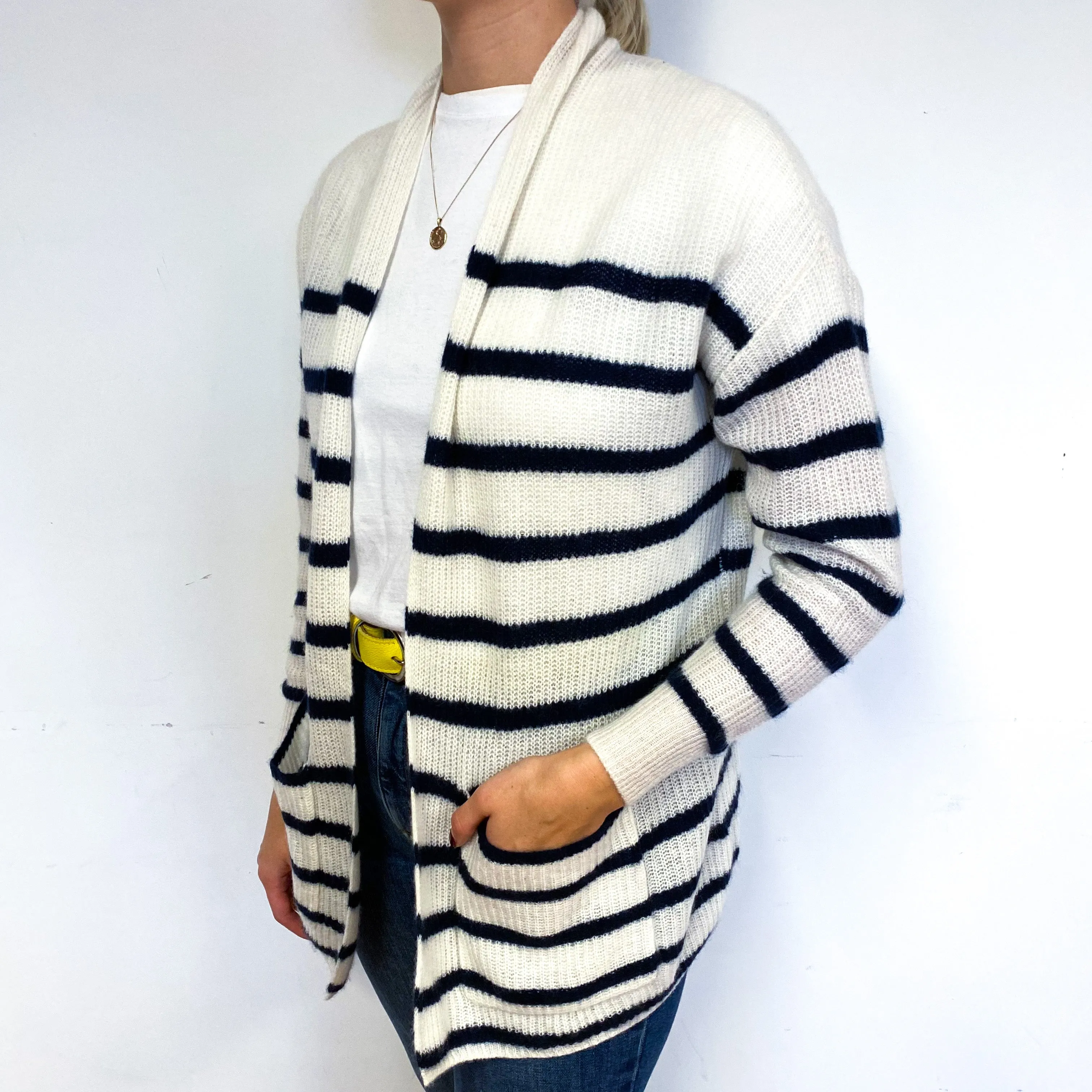 Cream Navy Striped Cashmere Edge to Edge Cardigan Small