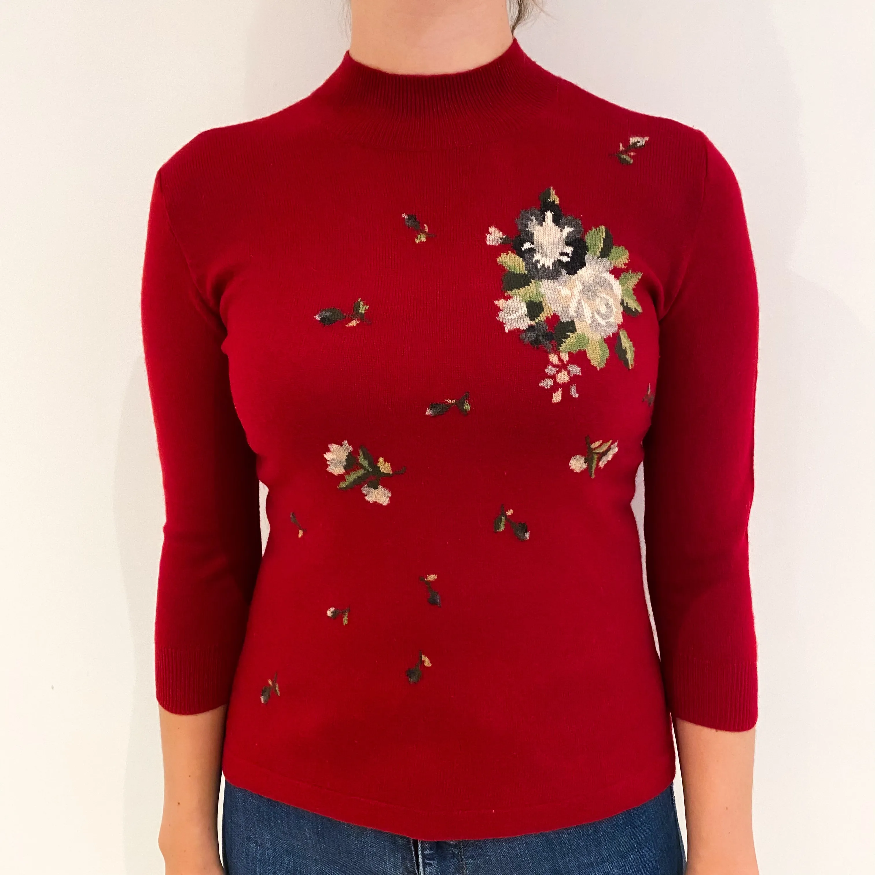 Crimson Red Floral Cashmere Turtle Neck Jumper Small