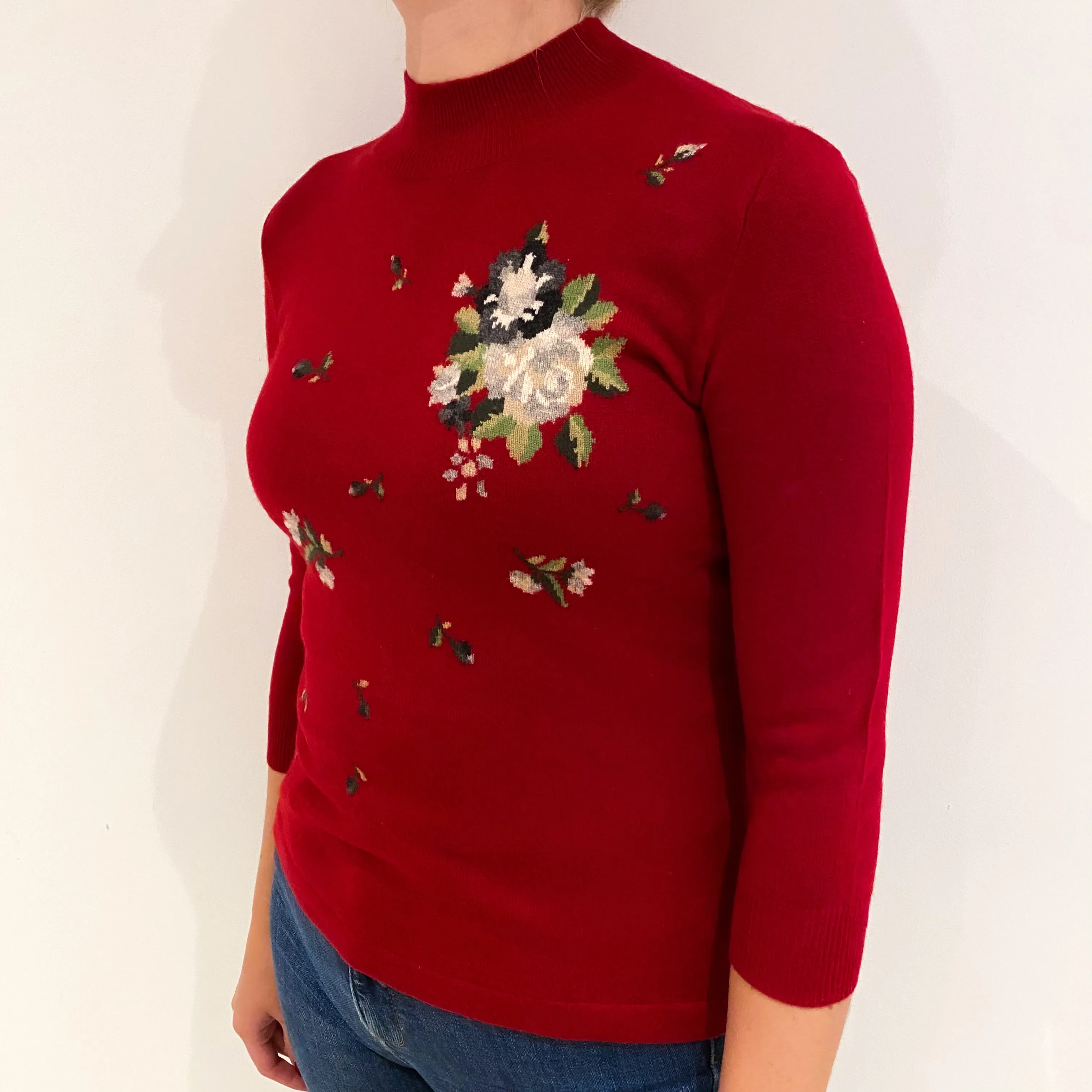Crimson Red Floral Cashmere Turtle Neck Jumper Small
