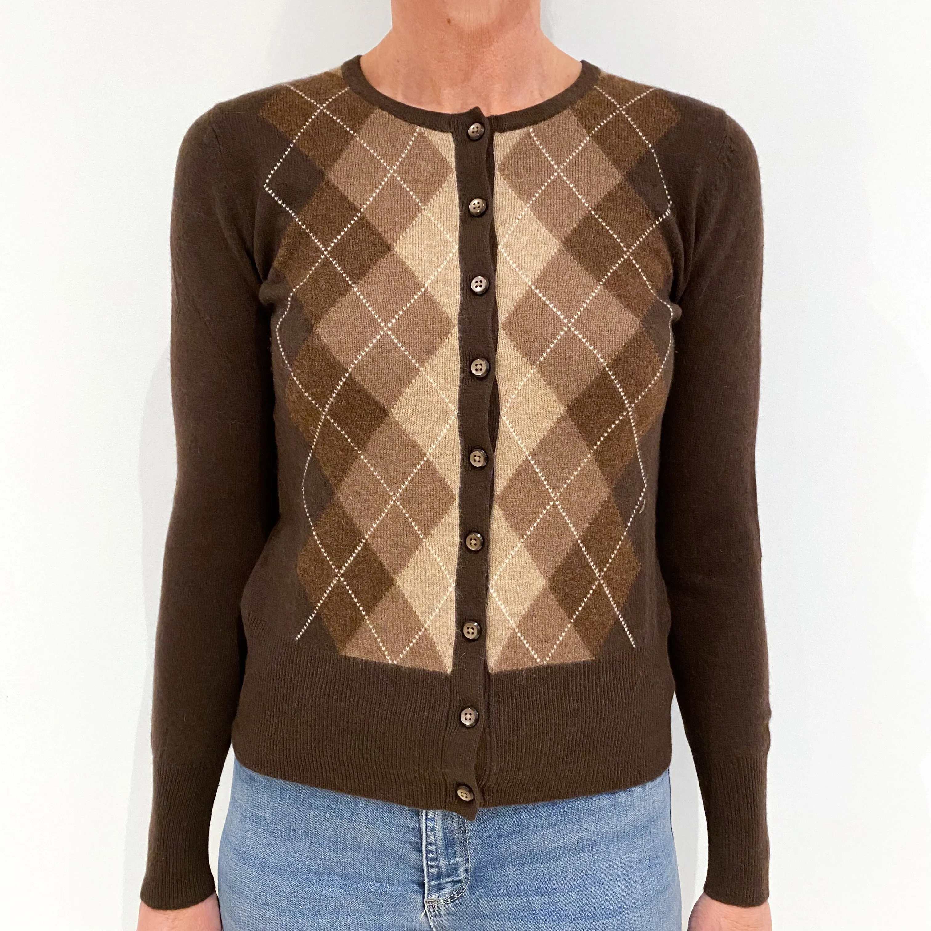 Dark Brown Cashmere Crew Neck Cardigan Small
