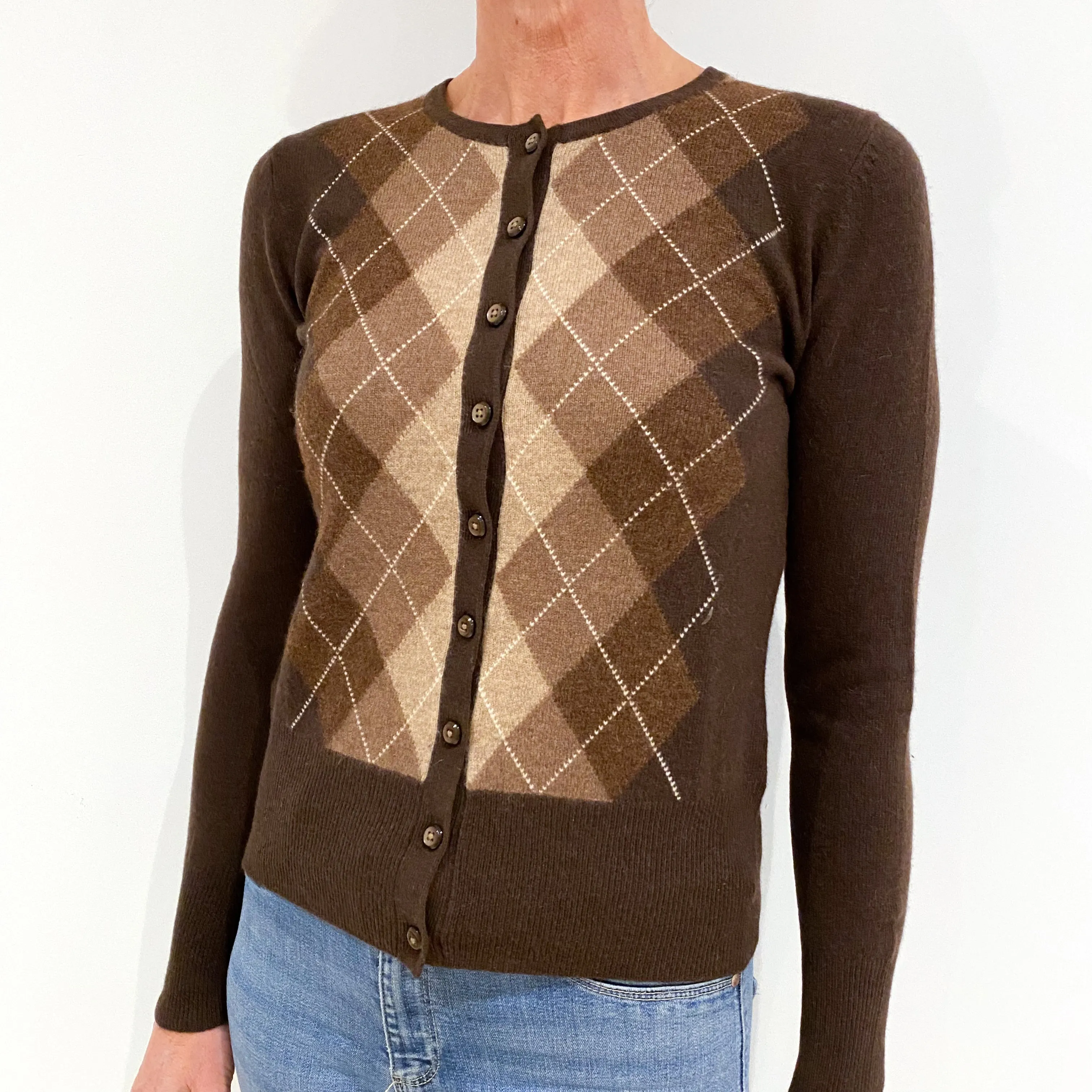 Dark Brown Cashmere Crew Neck Cardigan Small