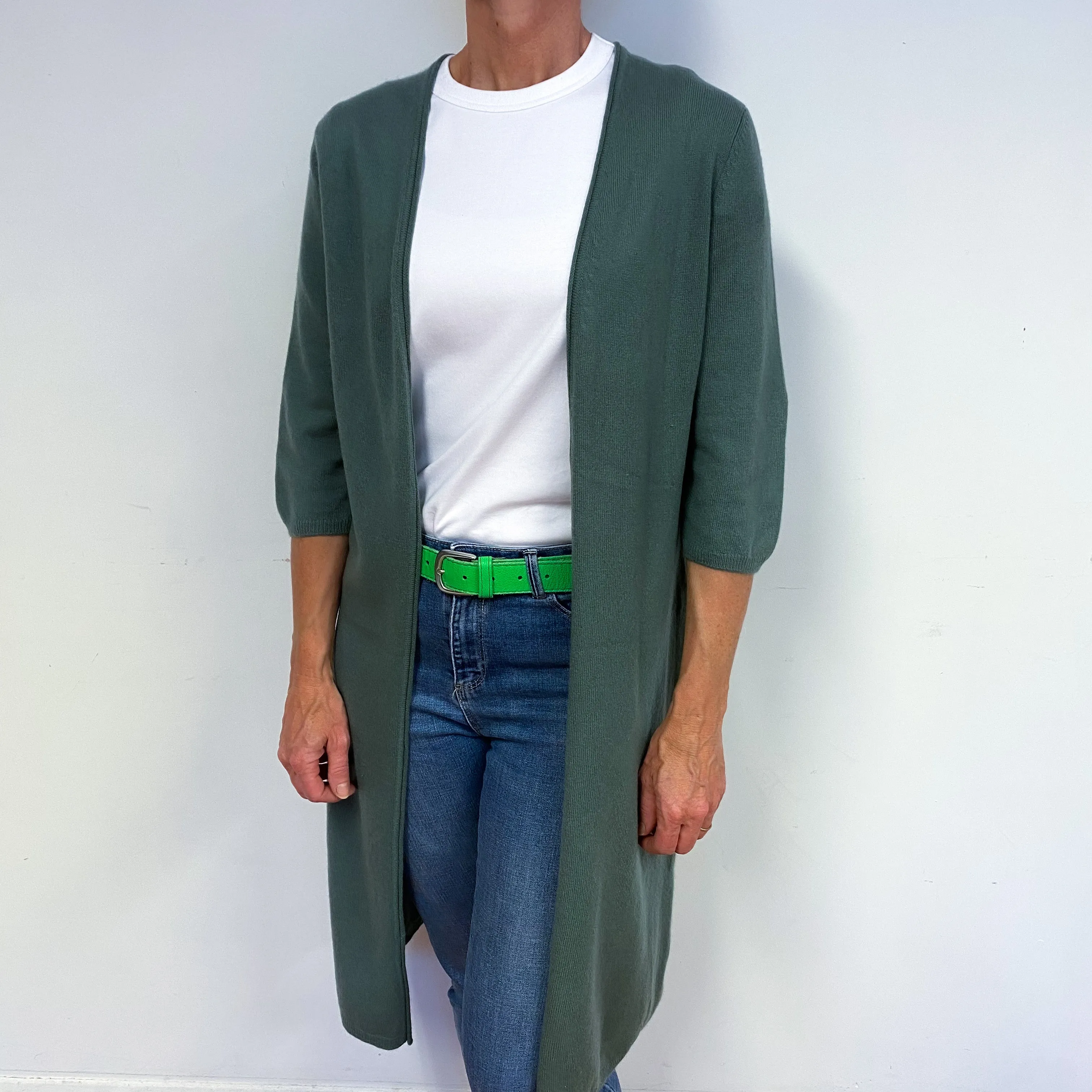 Dark Sage Green Cashmere Edge to Edge Cardigan Medium