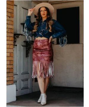 Deep Red Cow Print Faux Leather Fringe Skirt