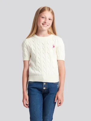 Girls Cable Knit Short Sleeve Jumper in Egret