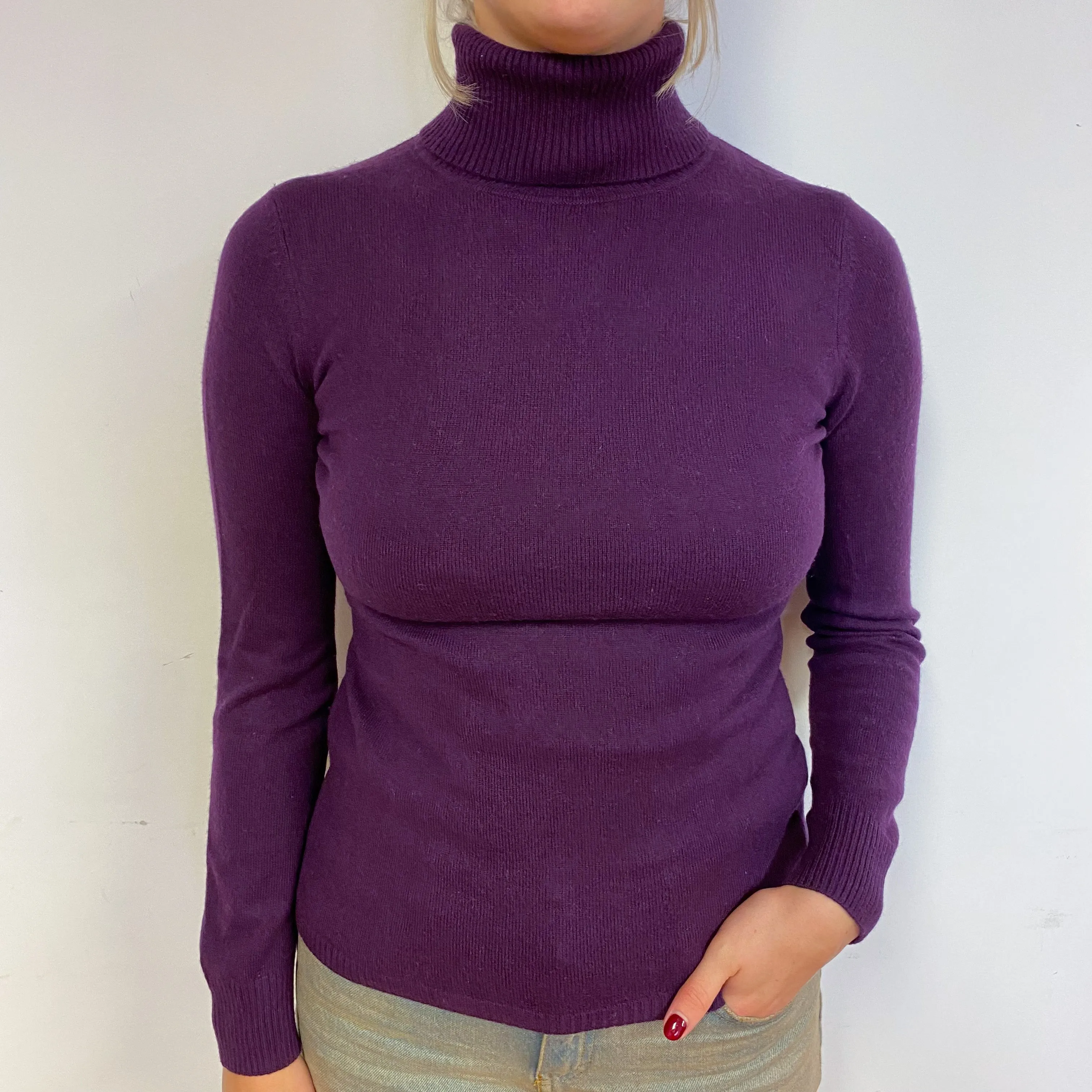 Grape Purple Cashmere Polo Neck Jumper Small