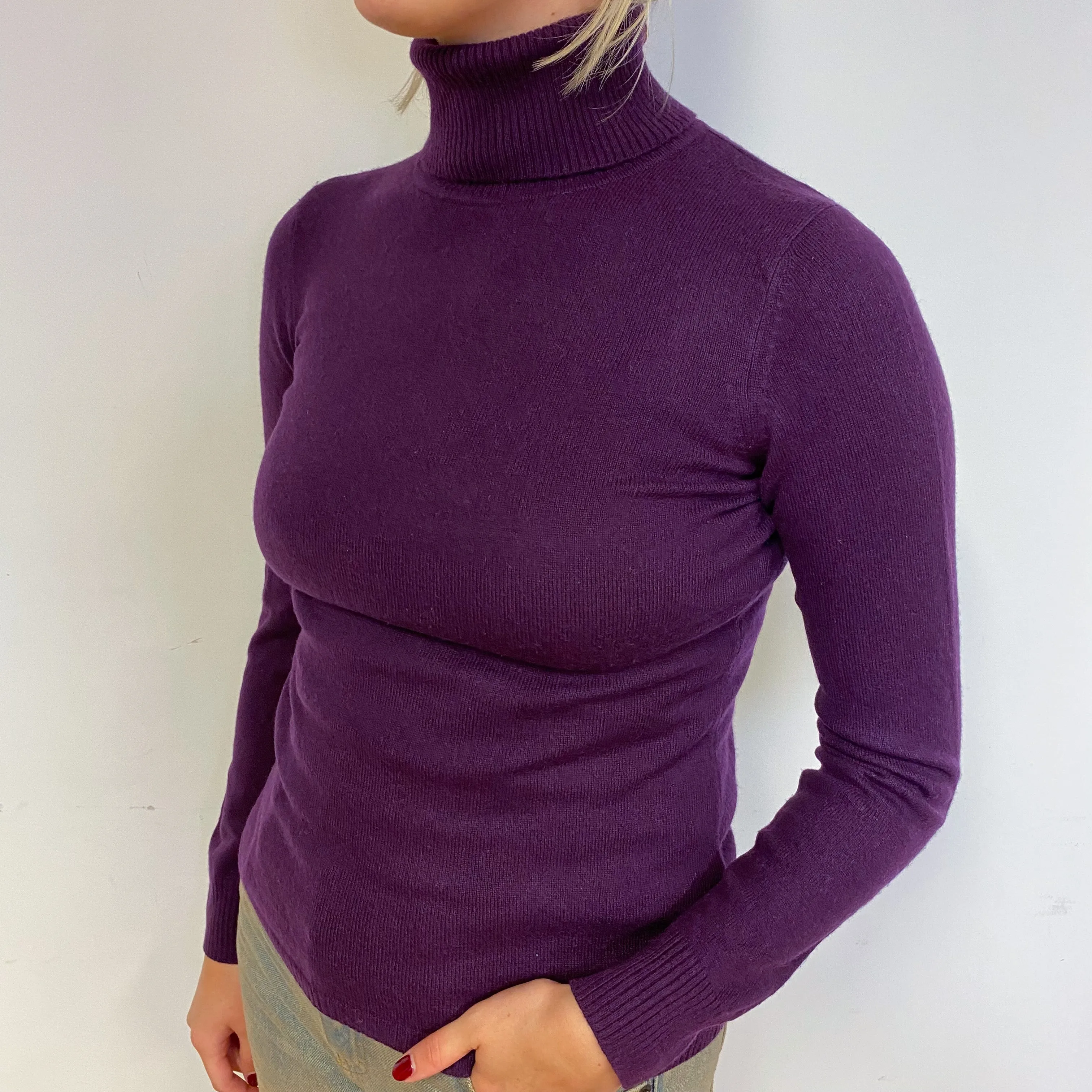 Grape Purple Cashmere Polo Neck Jumper Small