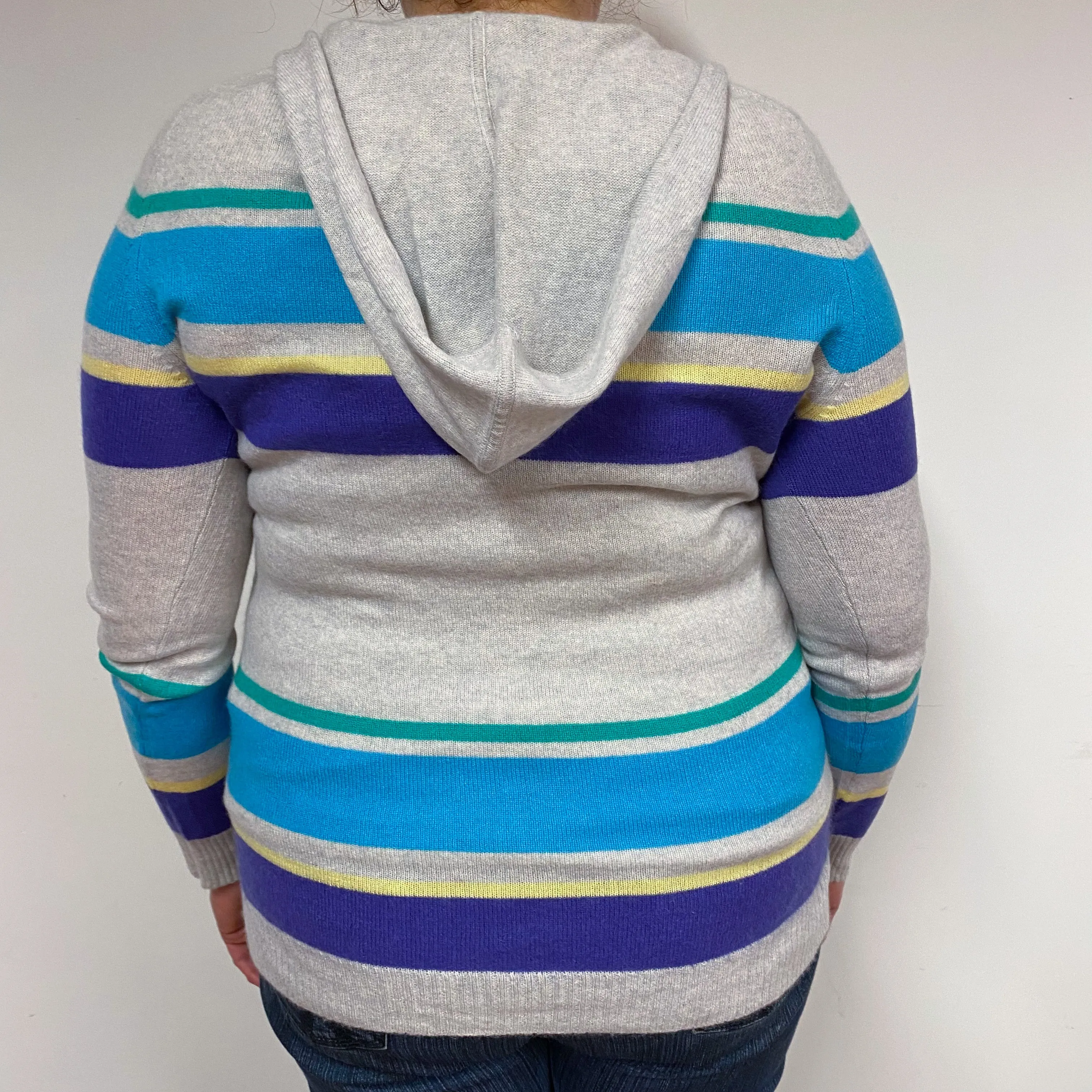 Grey Blue Stripe Cashmere Hoodie Jumper Extra Large