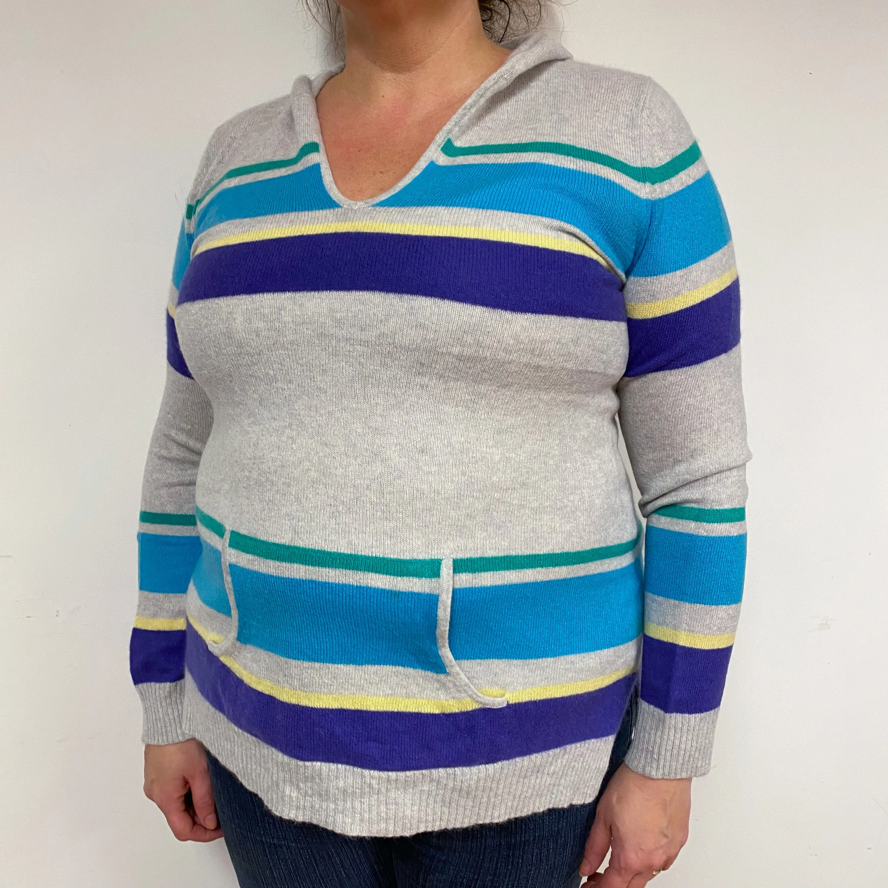 Grey Blue Stripe Cashmere Hoodie Jumper Extra Large