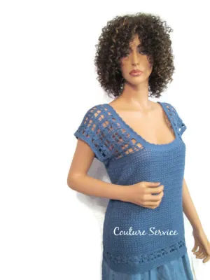 Handmade Crocheted Bamboo Lace Tank Top, Blue