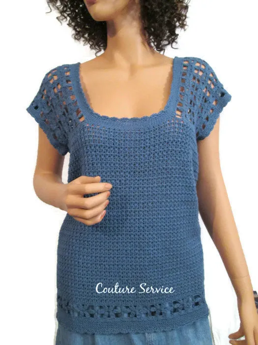 Handmade Crocheted Bamboo Lace Tank Top, Blue
