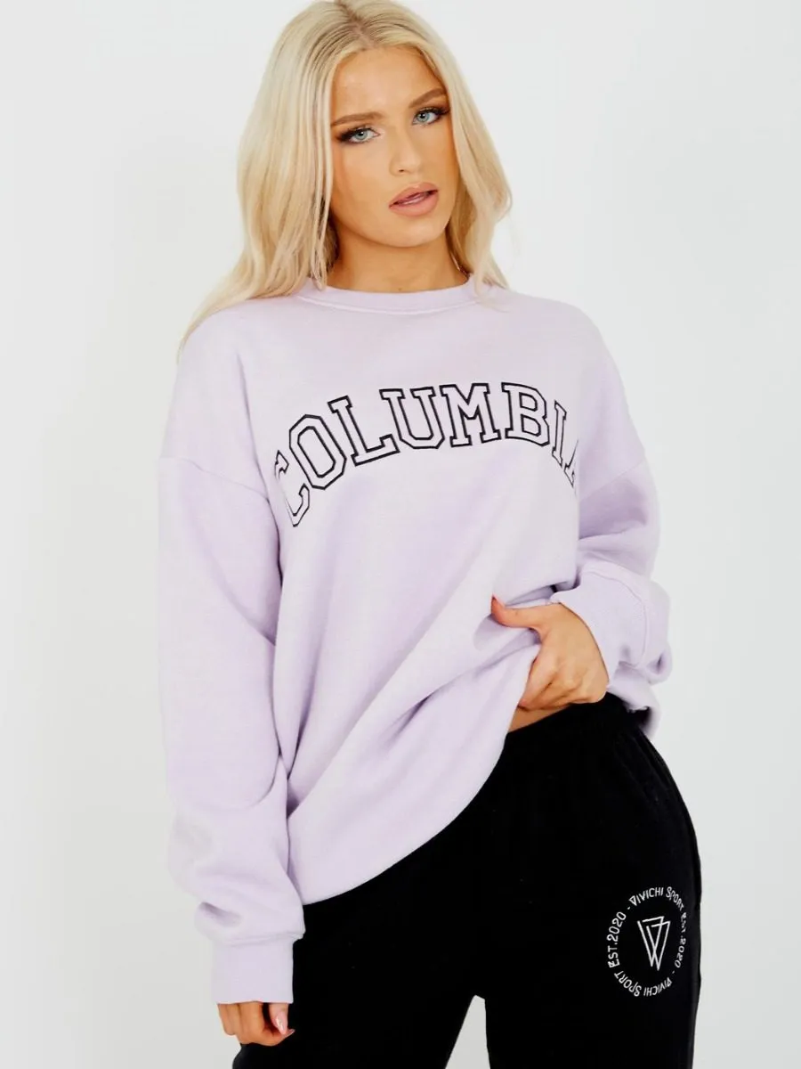 Heather COLUMBIA Embroidered Sweatshirt Jumper In Lilac