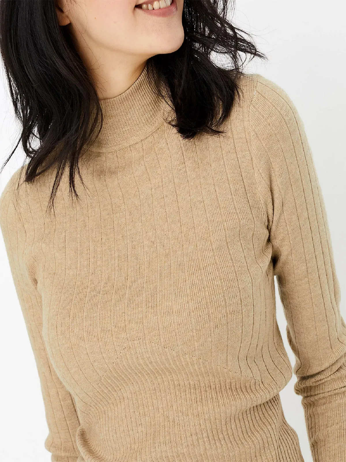 Ladies Carmel High Neck Wide Ribbed Knitted Buttoned Sleeve Jumper