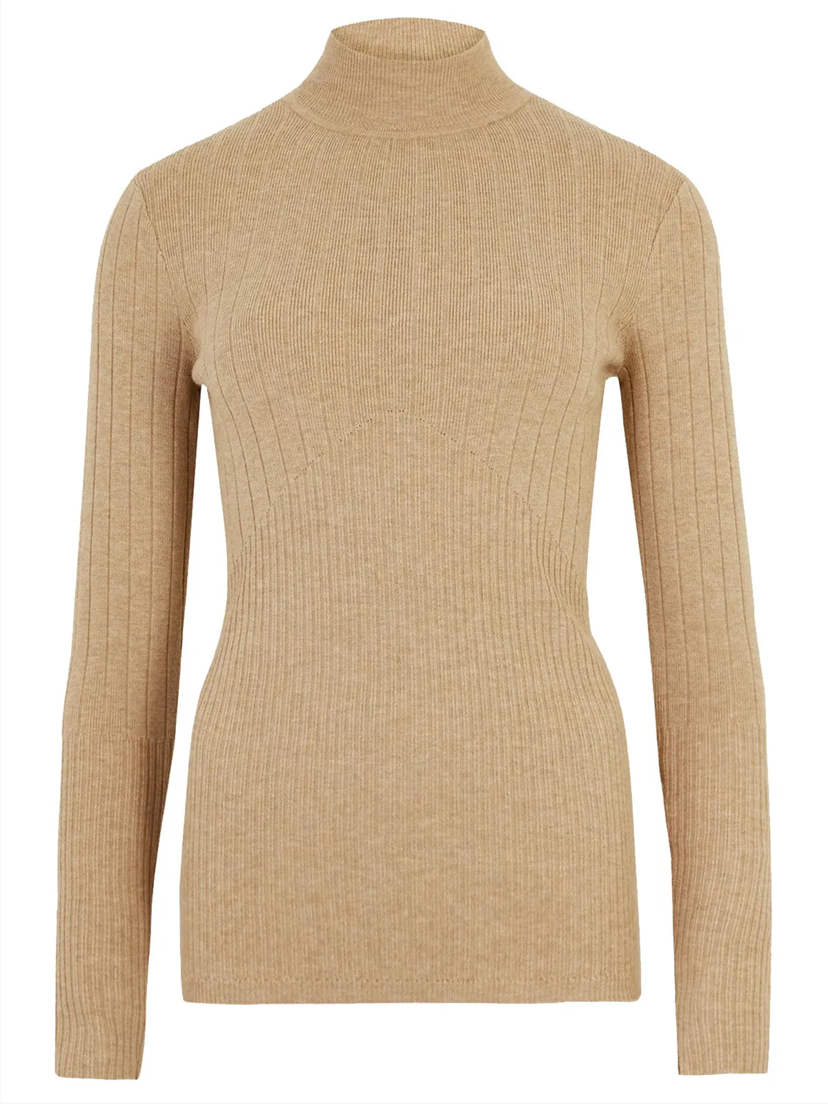 Ladies Carmel High Neck Wide Ribbed Knitted Buttoned Sleeve Jumper