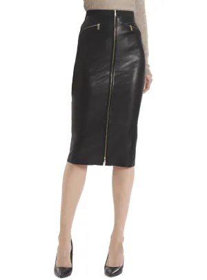 Leather Women Knee Length Pencil Skirt with Zipped Front