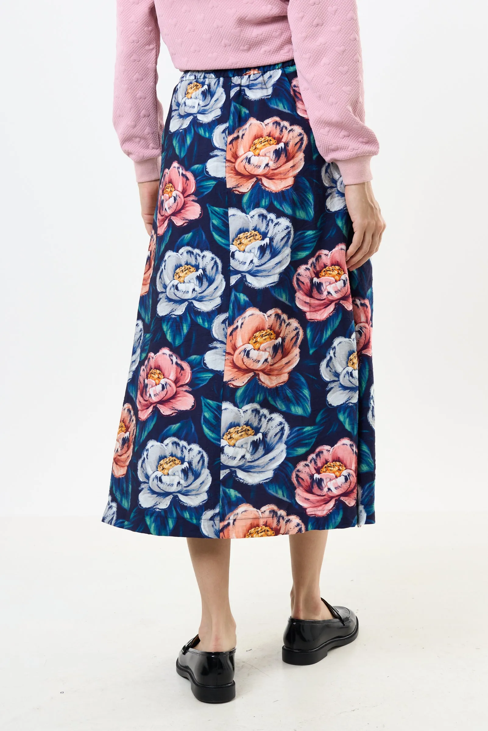 Lizea Peonies Print Pleated Midi Skirt - Navy