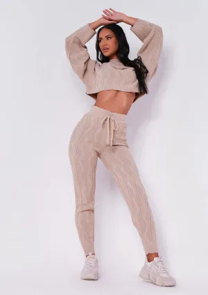 Malika Beige Cable Batwing Jumper And Jogger Set
