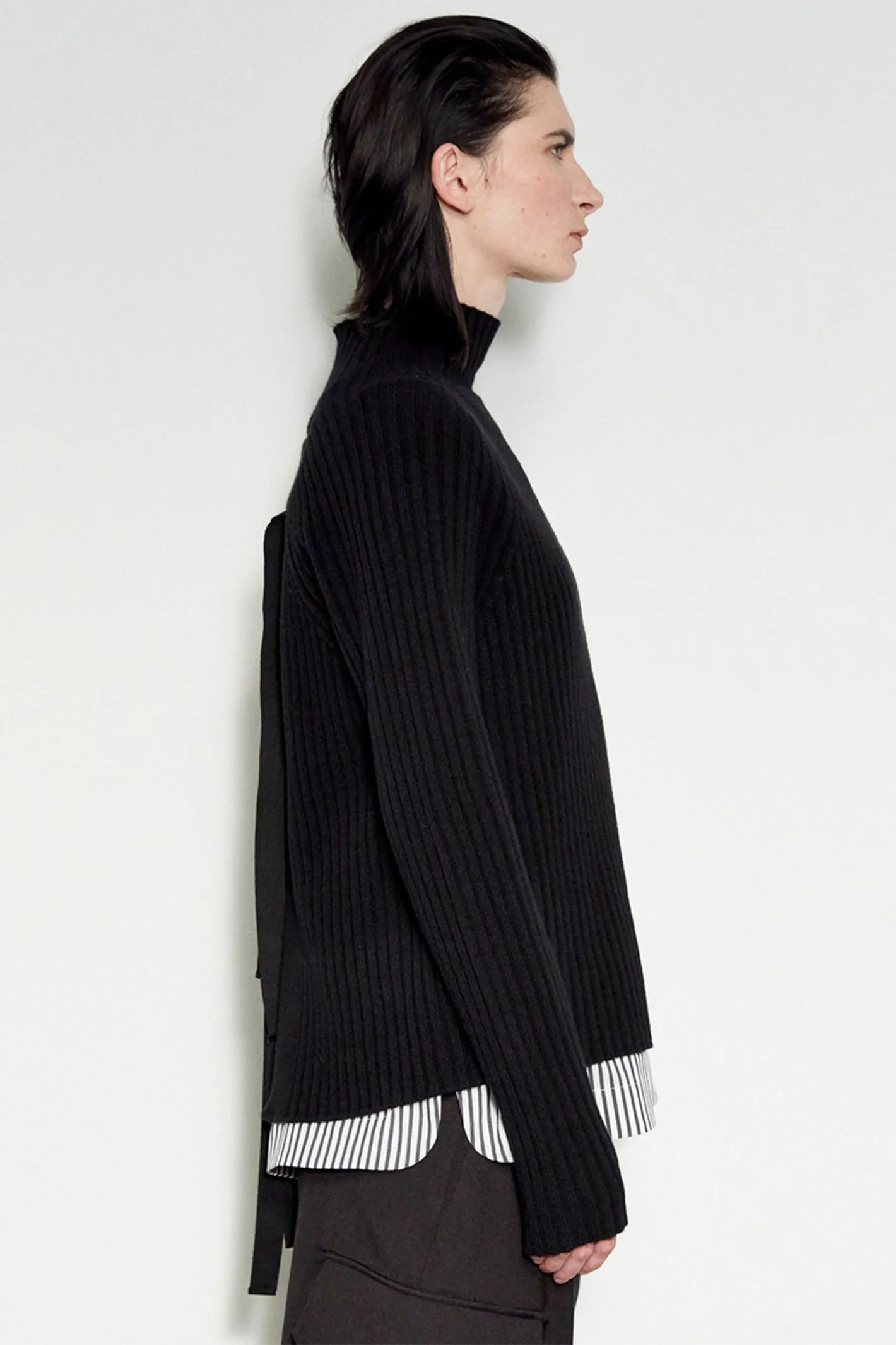 MeiMeij Women's Jumper Ribbed Tie Back Black M4IZ70