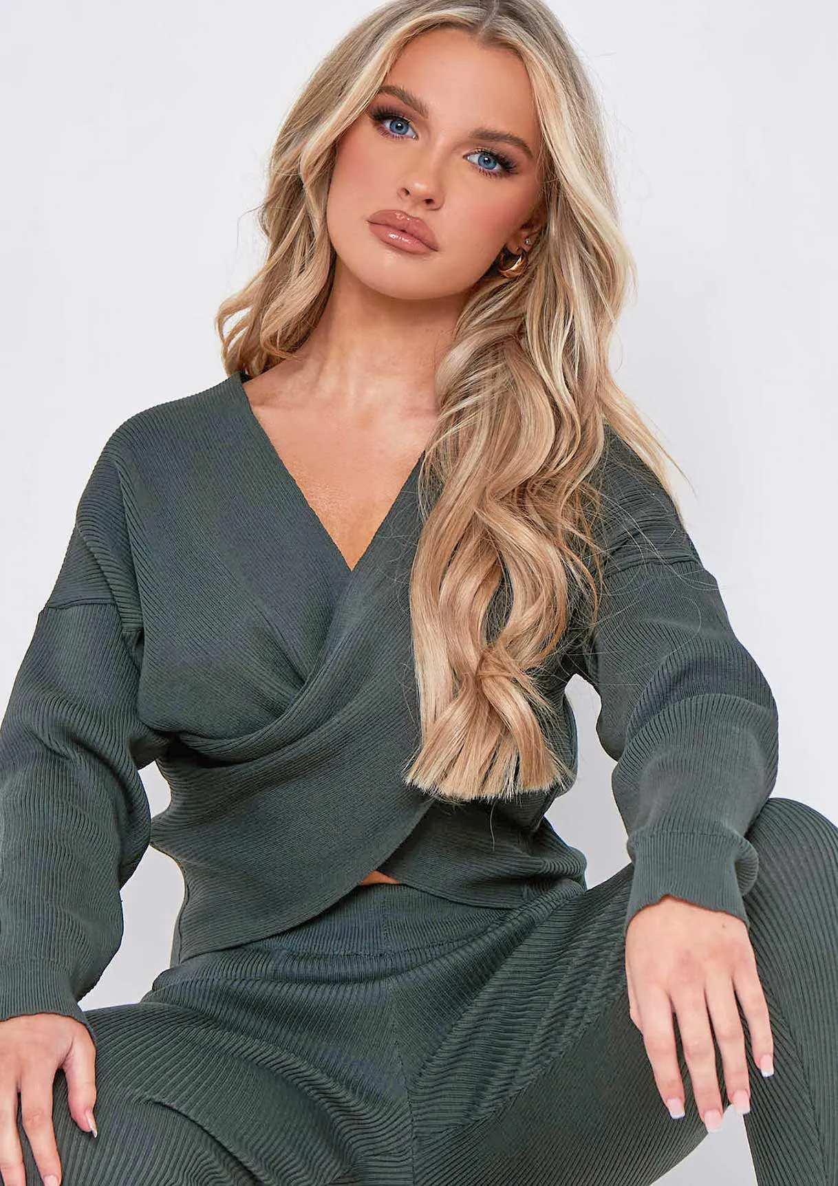 Nelly Khaki Wrap Front Knitted Jumper And Joggers Set