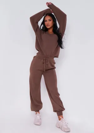 Nya Taupe V Neck Knitted Jumper And Jogger Set