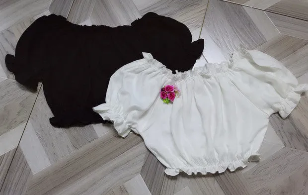 Sweet Angel~ White Black Open-shoulder Cotton Lolita Top