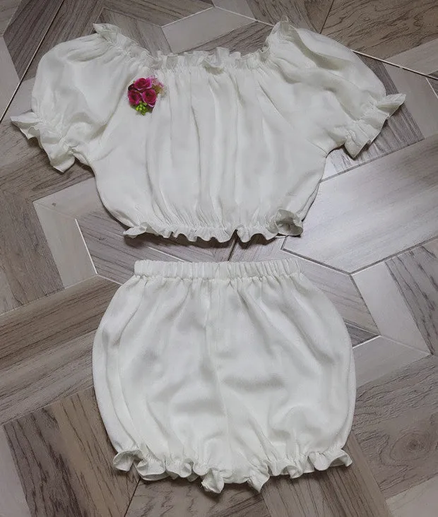 Sweet Angel~ White Black Open-shoulder Cotton Lolita Top