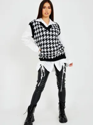 Trish Dogtooth V-Neck Sleeveless Knitted Jumper In Monochrome